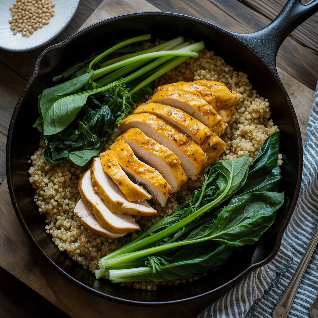 A skillet with cooked quinoa topped with sliced, seasoned chicken breast and fresh leafy greens, arranged neatly on a wooden table with a striped napkin beside it—perfect for gut healthy meals that help boost metabolism.