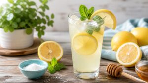 A glass of cortisol lemonade recipe with ice, lemon slices, and mint sits on a wooden table, surrounded by fresh lemons, a honey dipper, a small bowl of salt, and a potted green plant in the background.
