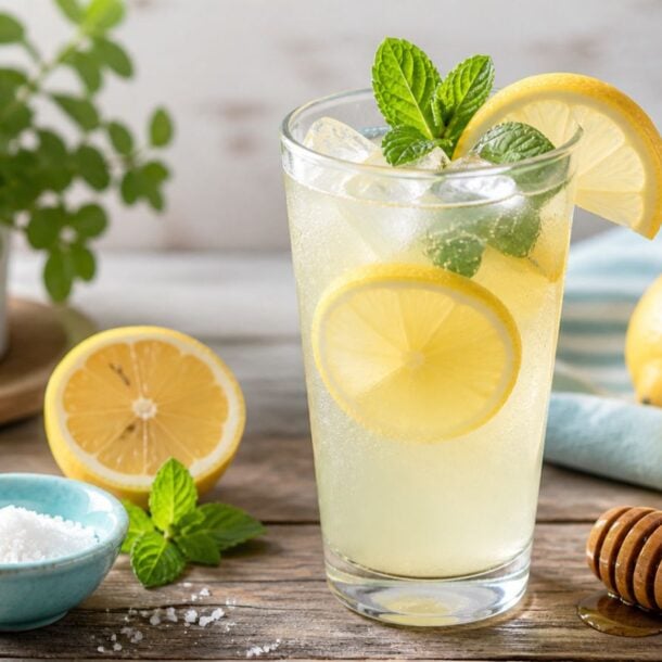 A glass of cortisol lemonade recipe with ice, lemon slices, and mint sits on a wooden table, surrounded by fresh lemons, a honey dipper, a small bowl of salt, and a potted green plant in the background.