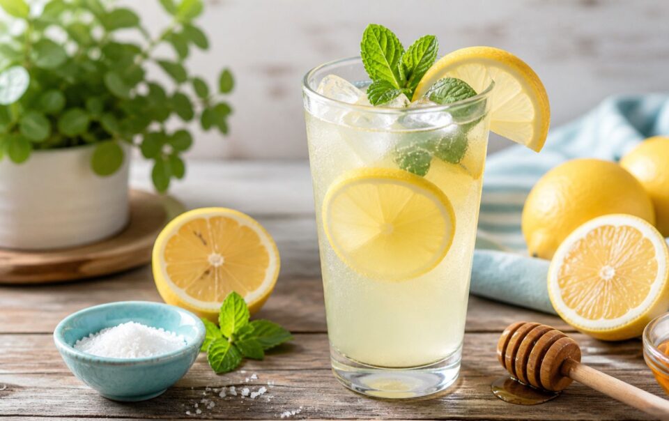 A glass of cortisol lemonade recipe with ice, lemon slices, and mint sits on a wooden table, surrounded by fresh lemons, a honey dipper, a small bowl of salt, and a potted green plant in the background.