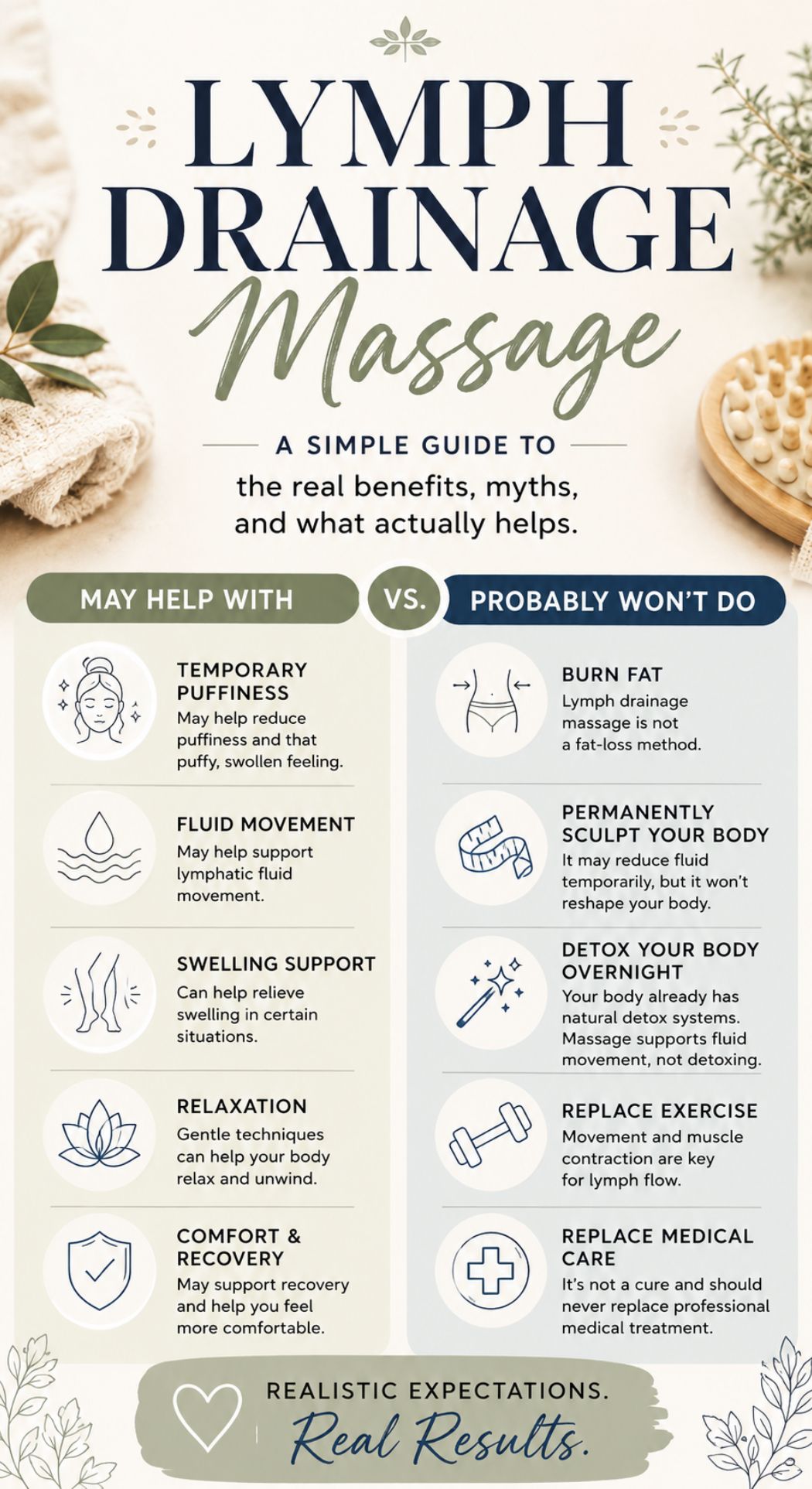 Infographic titled “Lymph Drainage Massage” highlights benefits like reducing puffiness, fluid, swelling, and stress versus myths, with soothing natural spa visuals and soft green accents for a calming overview of Lymph Drainage Massage.