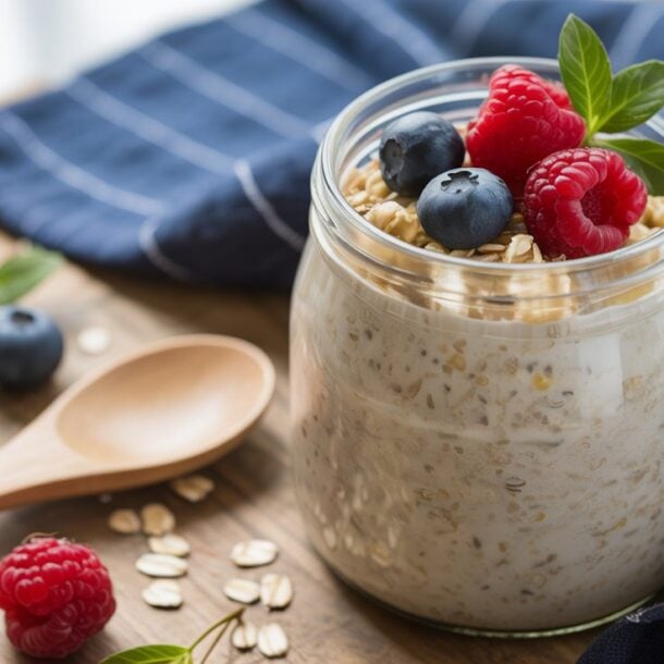 A glass jar filled with overnight oats topped with fresh raspberries, blueberries, and mint leaves sits on a wooden table beside a wooden spoon, scattered oats, and a blue-striped cloth.