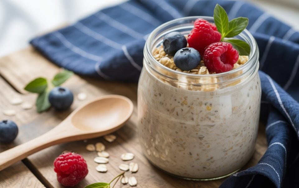 A glass jar filled with overnight oats topped with fresh raspberries, blueberries, and mint leaves sits on a wooden table beside a wooden spoon, scattered oats, and a blue-striped cloth.