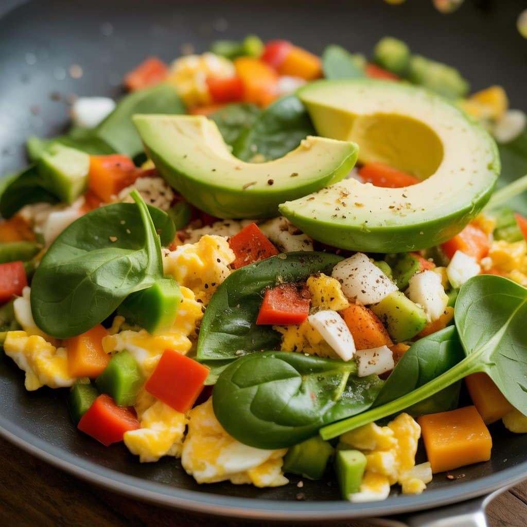 A plate of scrambled eggs topped with fresh spinach leaves, diced red and green bell peppers, chopped onions, and sliced avocado, seasoned with black pepper—perfect for delicious morning recipes.
