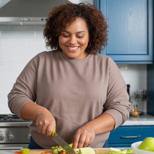 A woman smiles while chopping vegetables on a wooden cutting board in a modern kitchen with blue cabinets, showcasing healthy habits that support weight loss for women over 50.