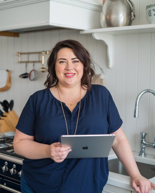 Woman in her kitchen researching the Zepbound Weight Loss Guide and learning about the dosing schedule, what to eat on Zepbound and more.